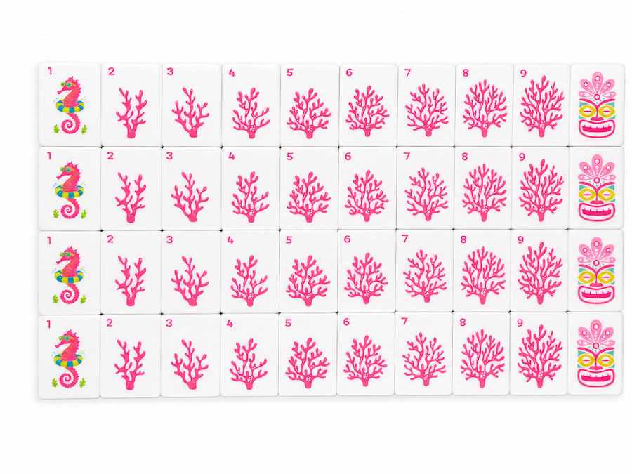 Mahjong tile layout featuring pink coral icon tiles and numbered tiles