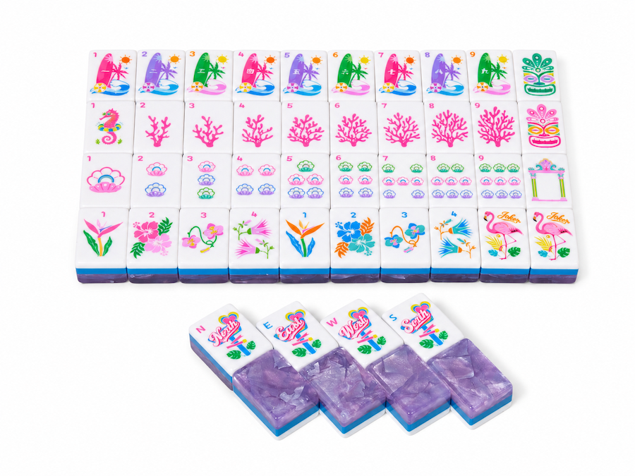Mahjong tile hand spread with illustrated suits and a lavender tile row