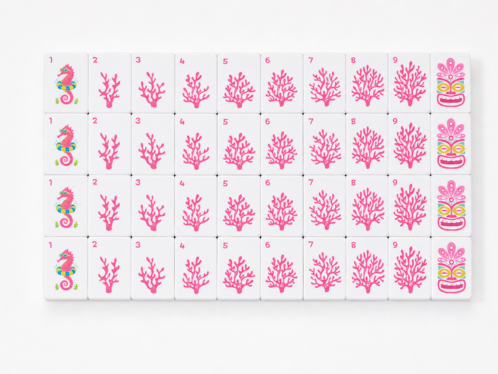 Mahjong tile set board with pink coral and multi-color illustrated tiles arranged in rows
