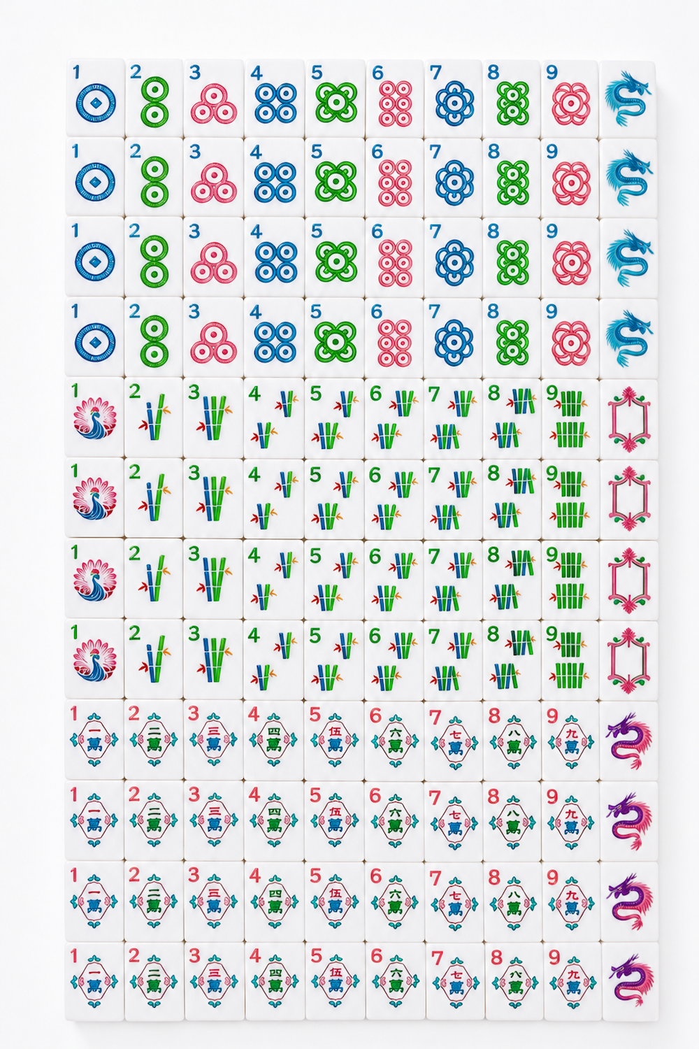 Complete Mahjong tile grid with numbered suits, flowers, and colorful dragon joker tiles