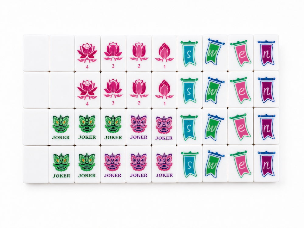 Row of Mahjong tiles showing lotus flowers, suit symbols, and green/purple joker tiles