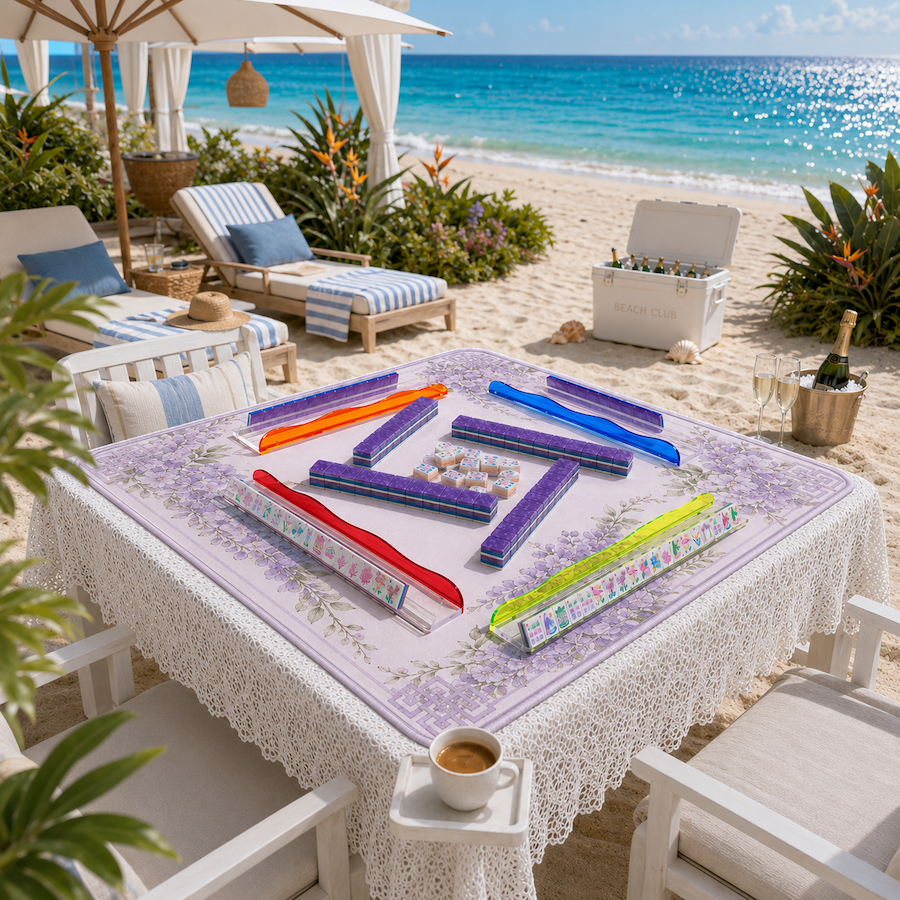Mahjong tile set on purple patterned table with colorful tile racks and tiles