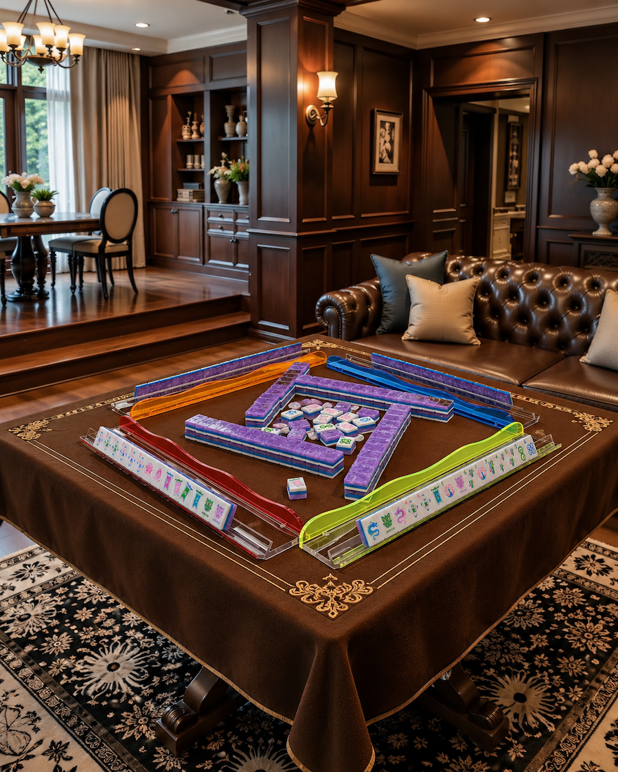 Mahjong tiles on tablecloth with tile racks and scattered tiles