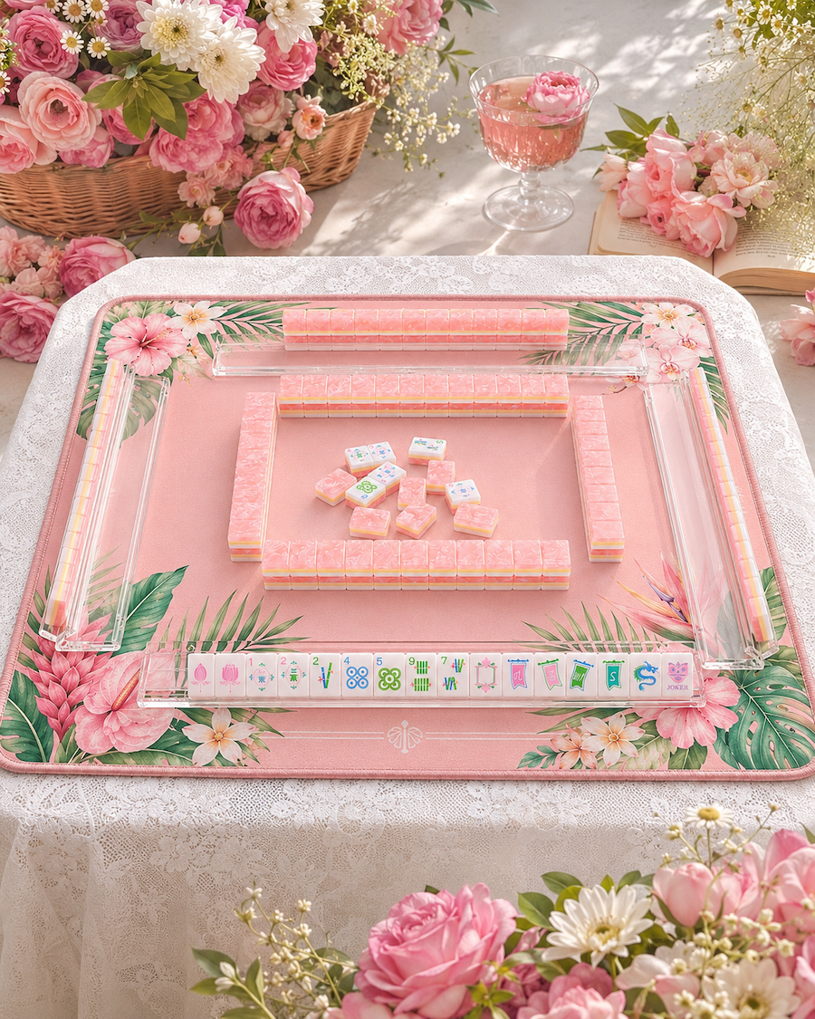 Peach pearl mahjong tile table with pink floral border and stacked tiles