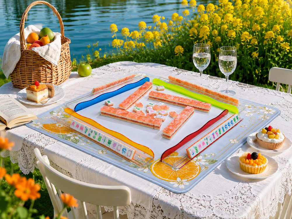 Mahjong tile game set on lace picnic tablecloth with coral tiles and glasses outside