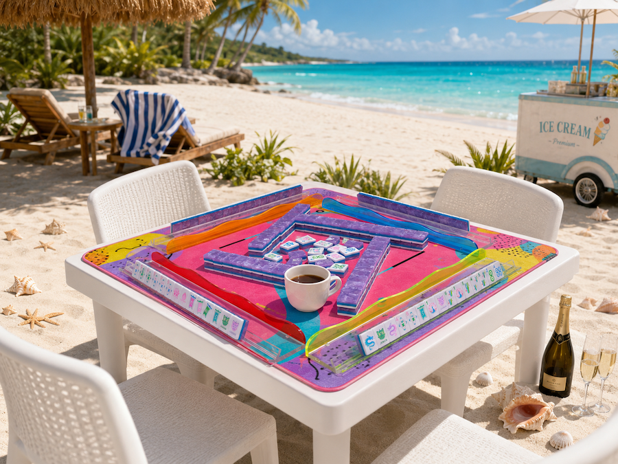 Mahjong tile set on white outdoor table with colorful playing area and racks