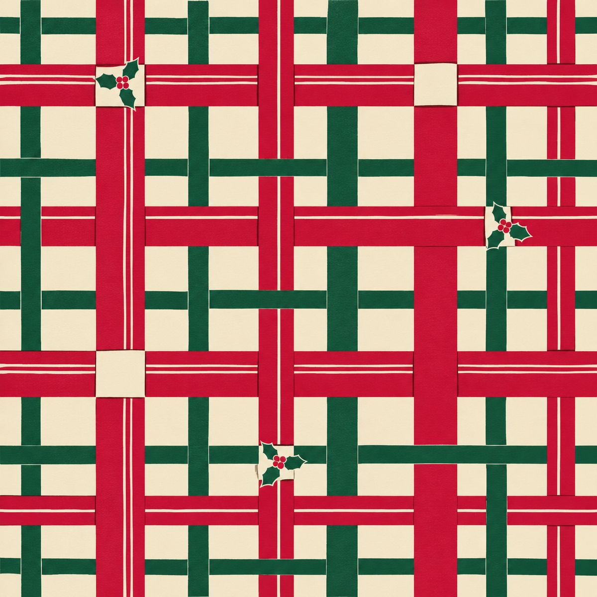 Red and green ribbon checks with holly accents on a cream mahjong mat.