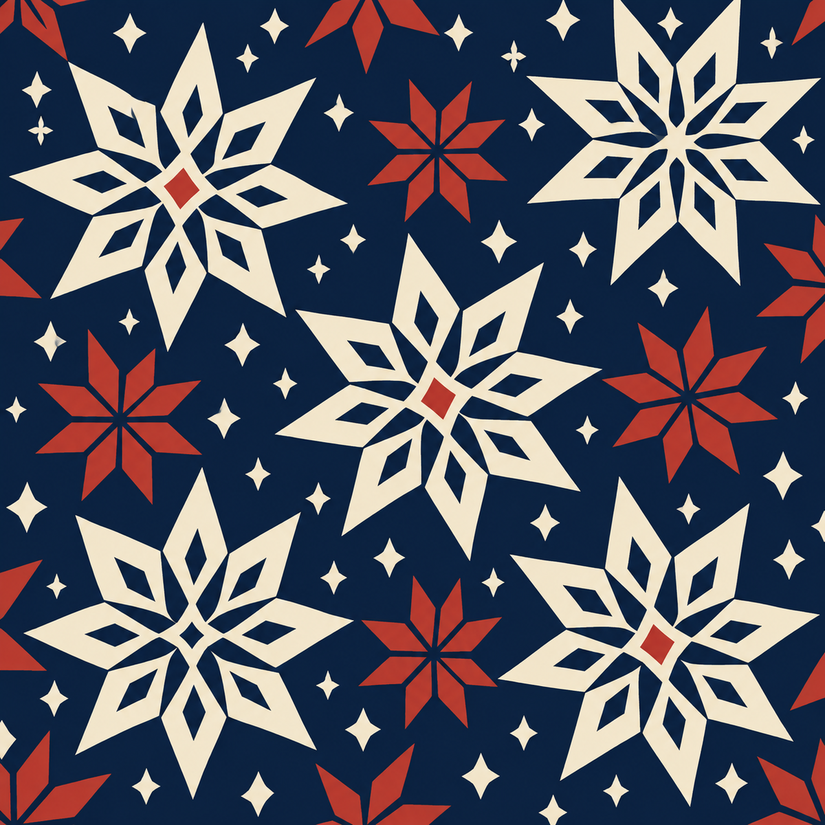 Cream folk stars and red shapes on a deep blue mahjong mat.