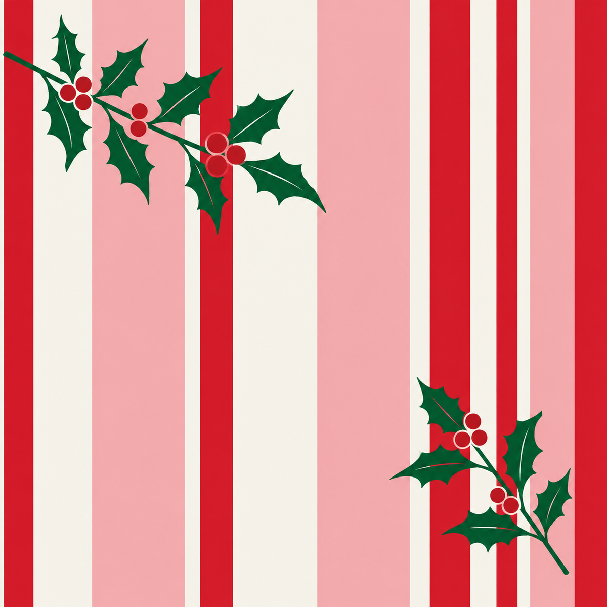 Red, pink and cream stripes with holly accents on a mahjong mat.