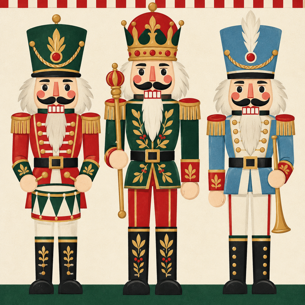 Three large red, green and blue nutcrackers on a cream mahjong mat.