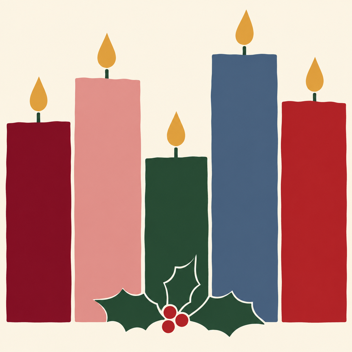 Five festive candles of different heights on a cream mahjong mat.