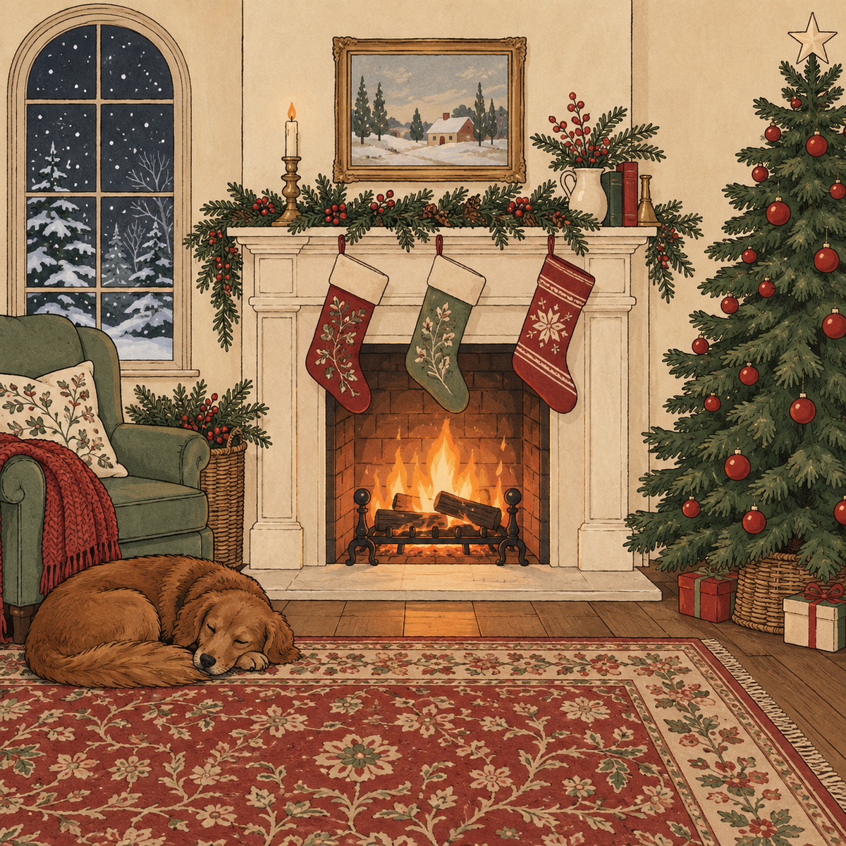 Christmas tree, stockings, glowing fireplace and sleeping dog on a mahjong mat.