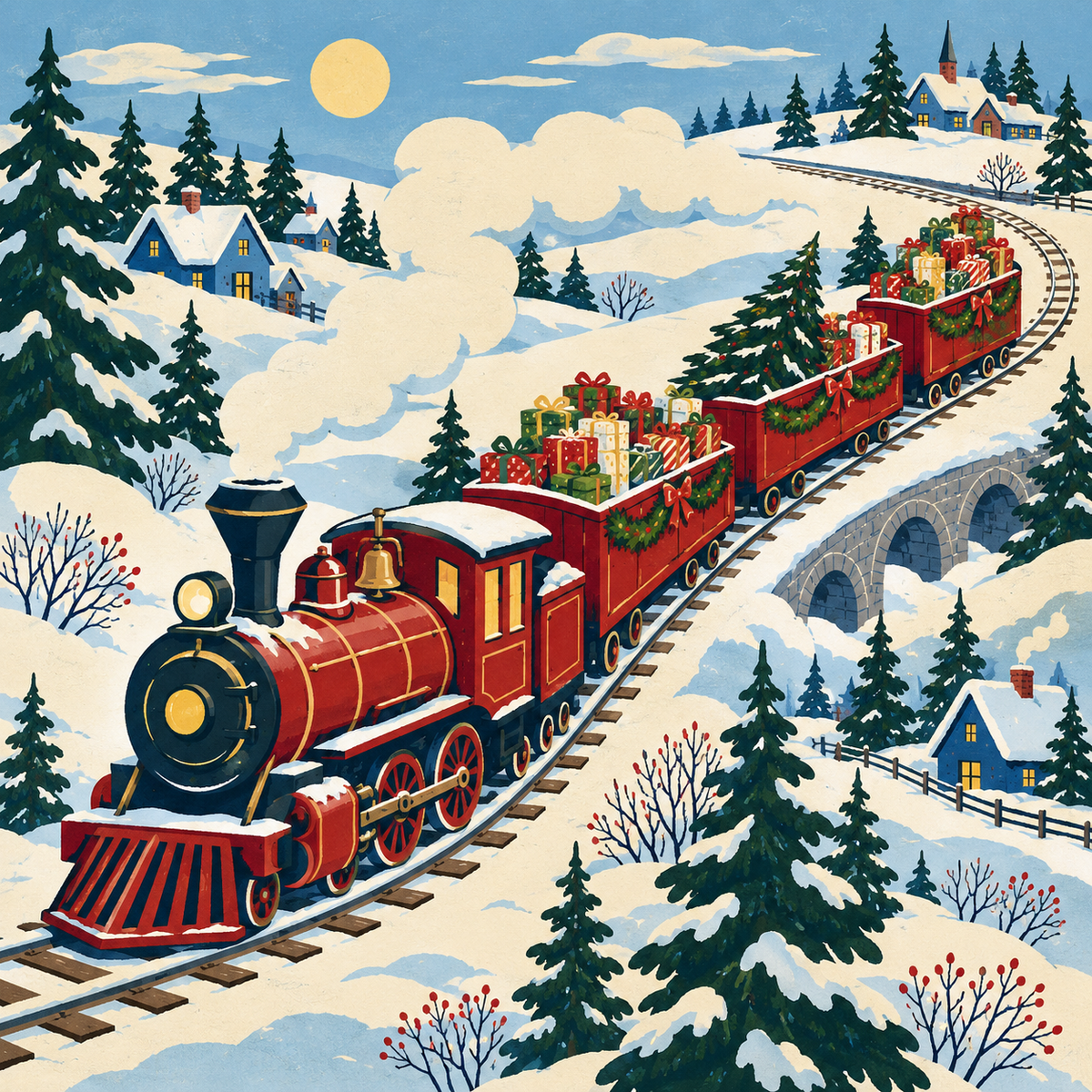 Red gift train crossing an illustrated winter landscape on a mahjong mat.