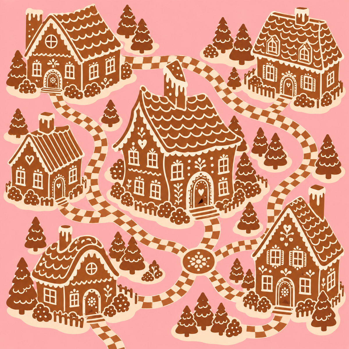 Icing-lined gingerbread houses, winter trees and paths on a mahjong mat.