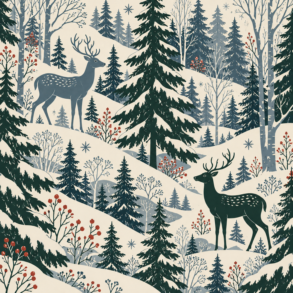 Deer among winter trees in an illustrated woodland mahjong mat.