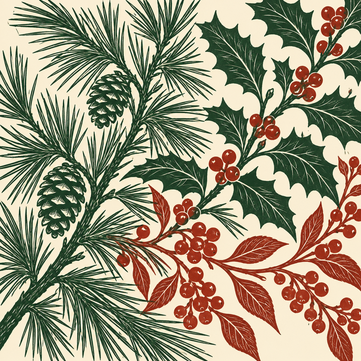 Large pine, holly and berry branches in green, rust and cream on a mahjong mat.
