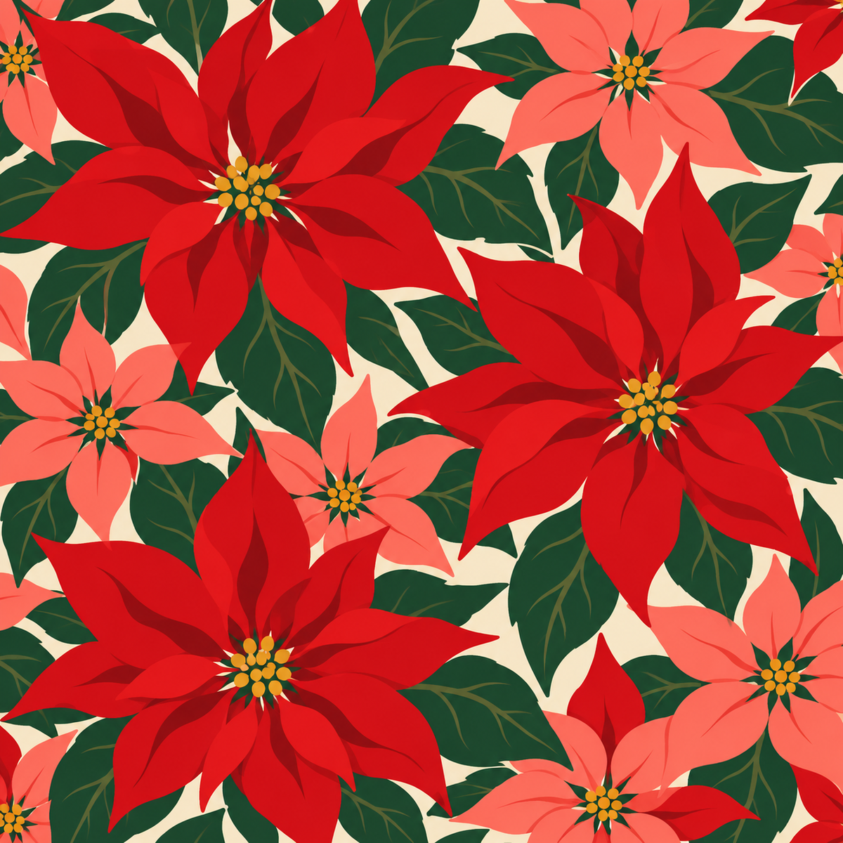 Large red and pink poinsettias with green leaves on a cream mahjong mat.