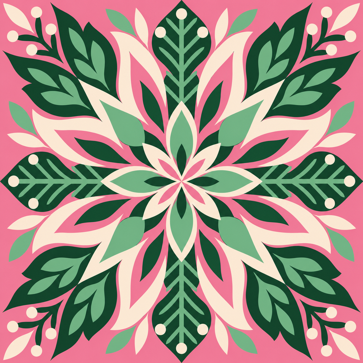 Large folk starburst in pink, green and cream on a mahjong mat.
