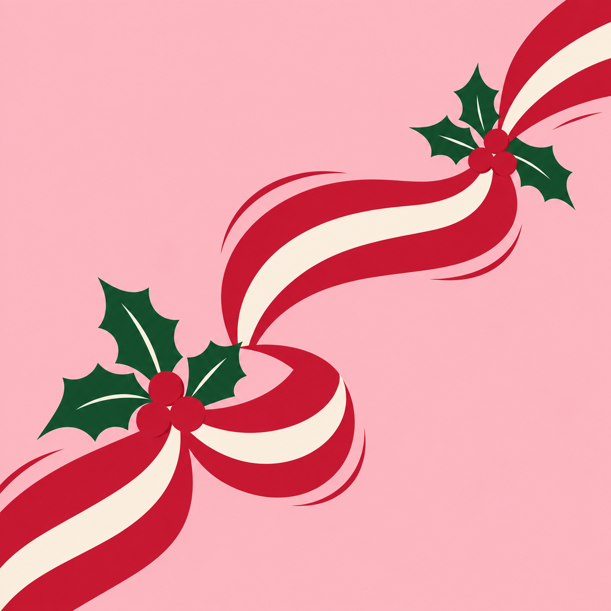 Red and cream diagonal ribbon with holly accents on a soft pink mahjong mat.