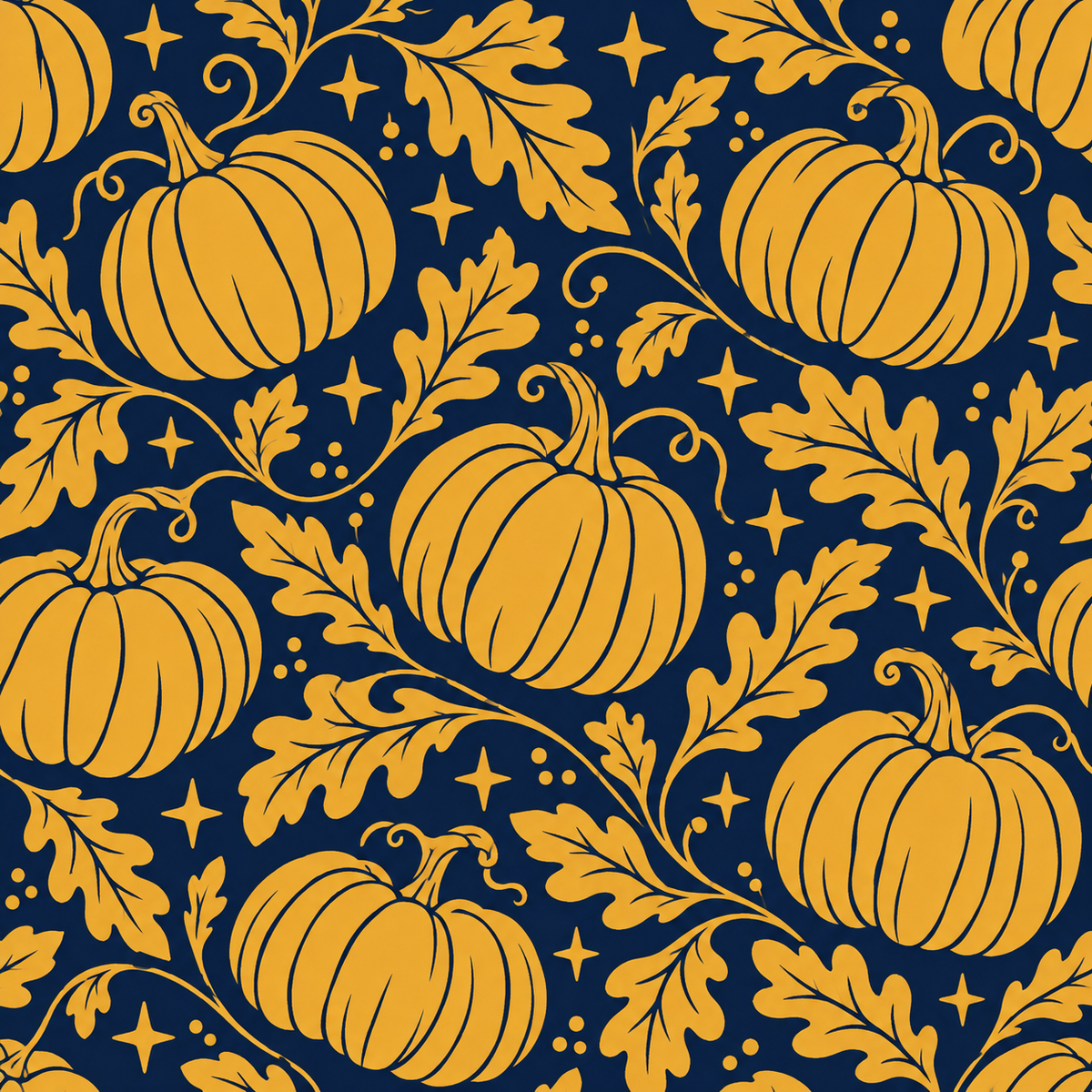 Golden pumpkins and autumn leaves across a navy mahjong mat.