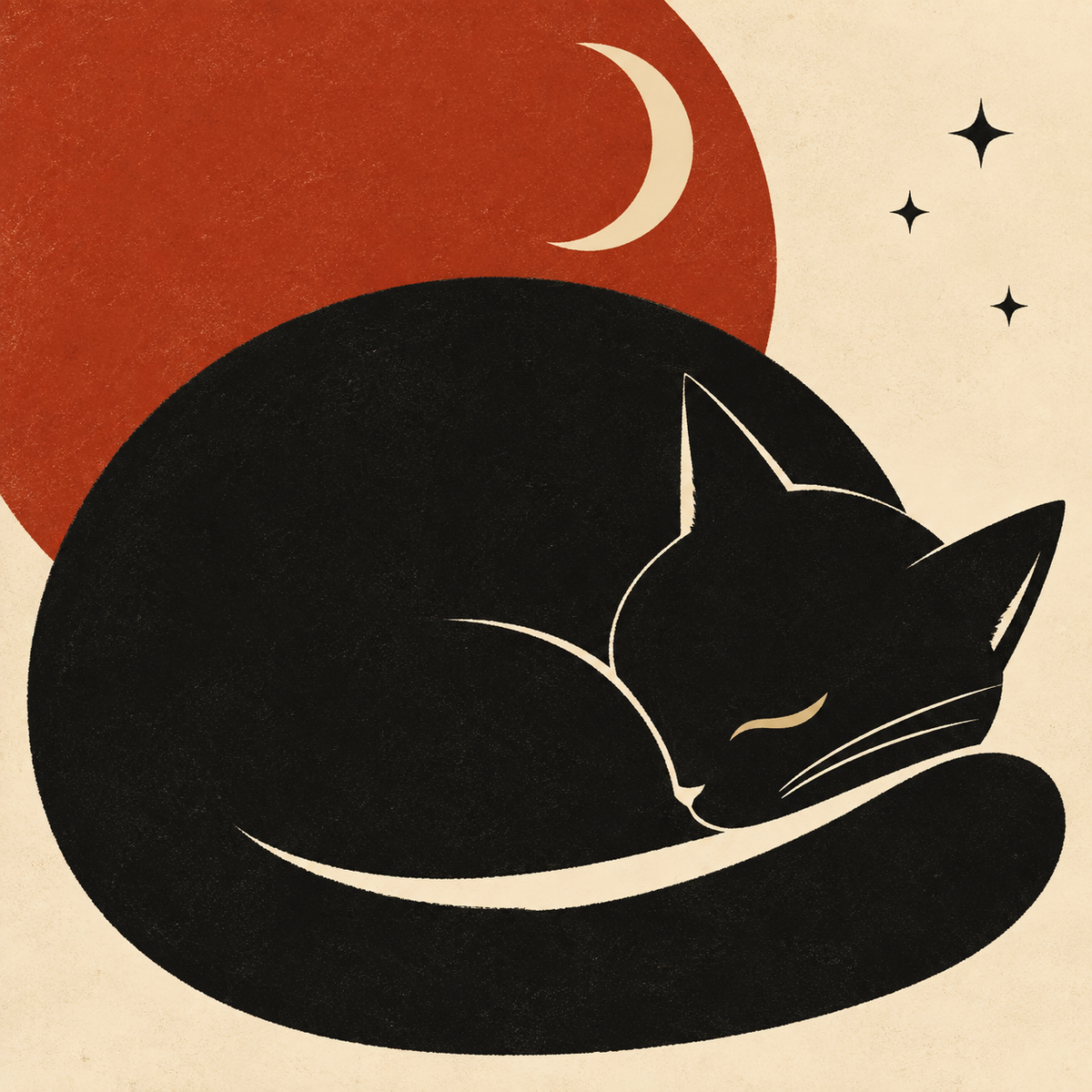 Large curled black cat with a rust circle and pale moon on a cream mahjong mat.