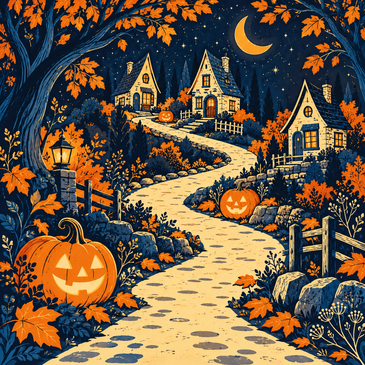 Pumpkin lanterns and cottages along a moonlit autumn lane on a mahjong mat.