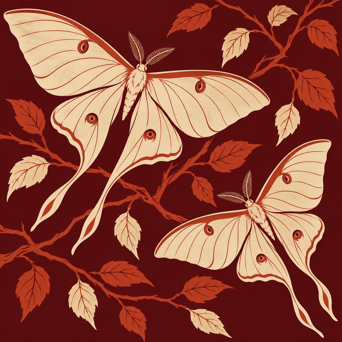 Pale moths and autumn branches on a wine-red mahjong mat.