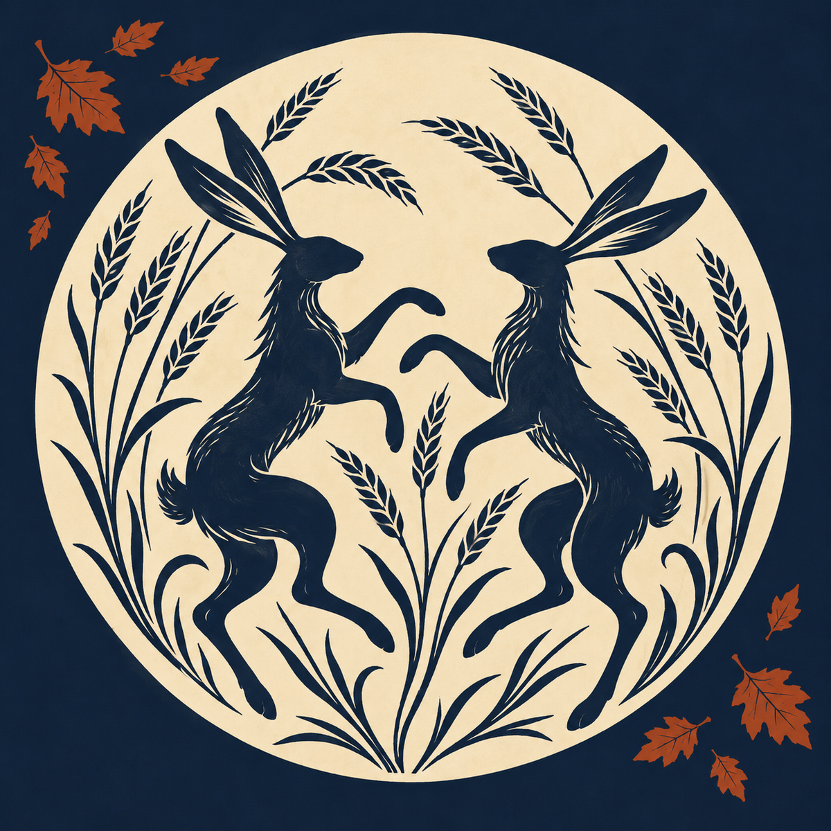 Two folk hares and curved grain shapes inside a large pale moon on a mahjong mat.