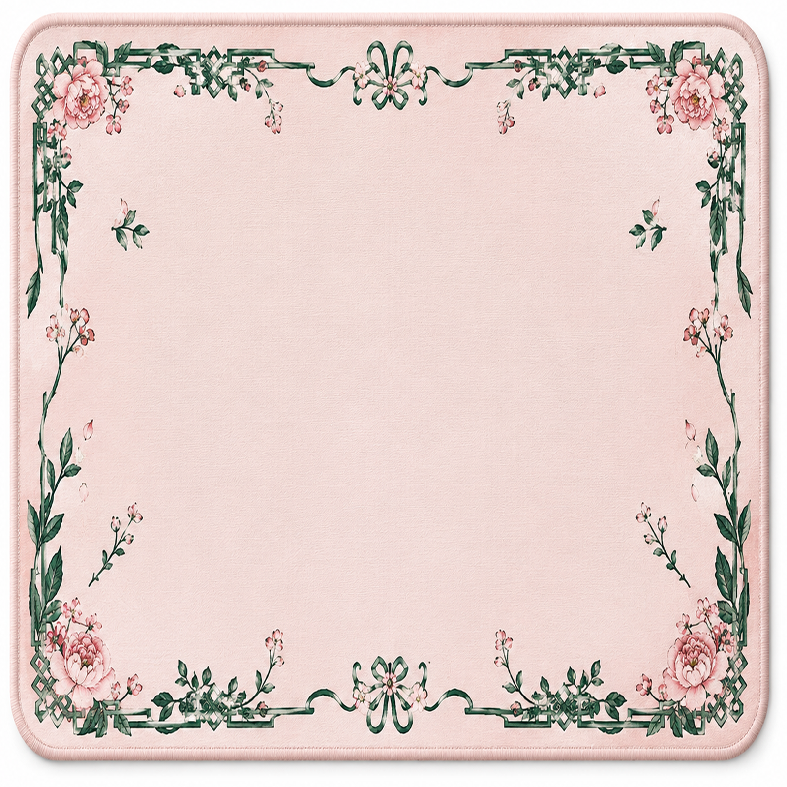 Blush rose floral mahjong mat with green vine border and corner blossoms