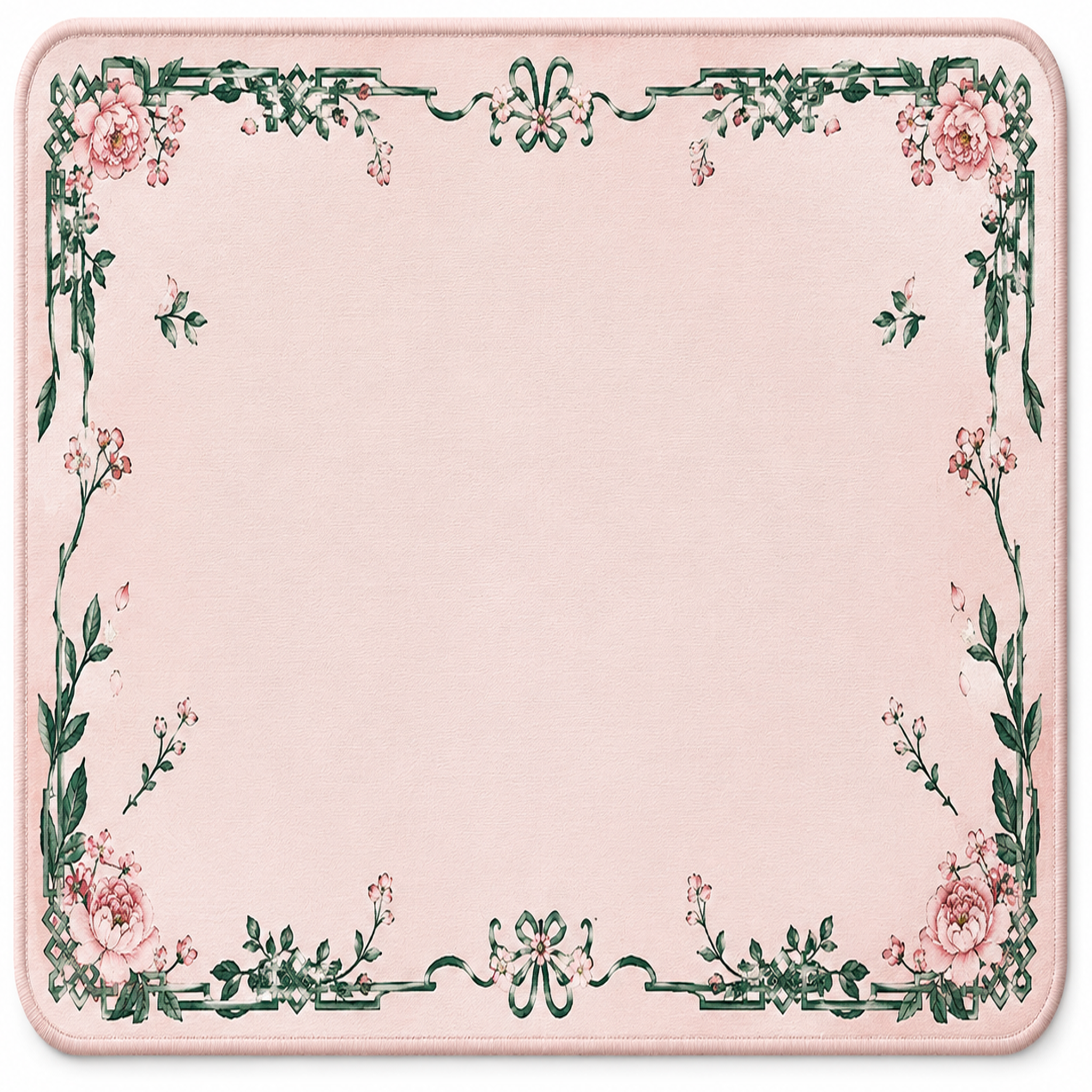 Blush rose floral mahjong mat with green vine border and corner blossoms