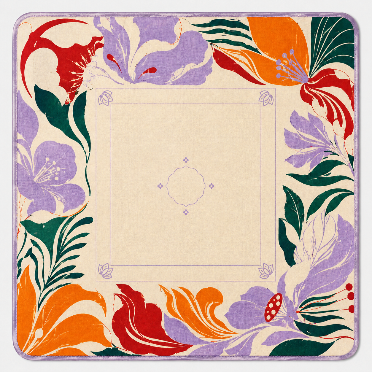 Square mahjong mat with cream center and colorful tropical leaf floral border