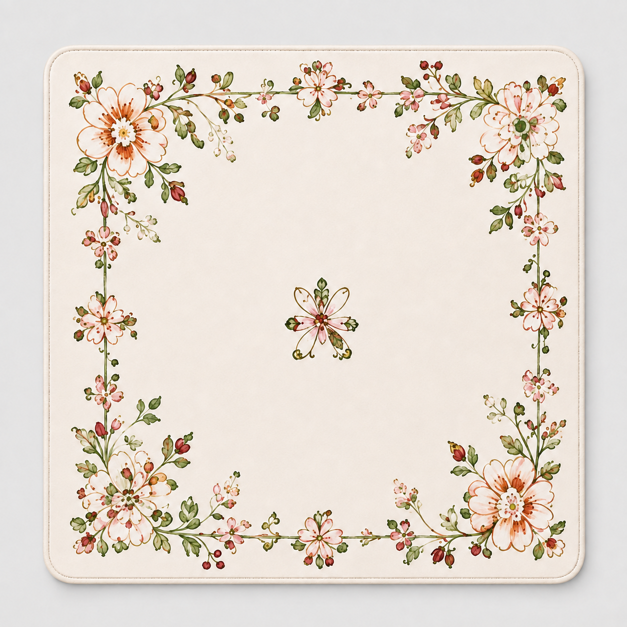 Floral frame botanical mahjong mat with pastel flowers on light fabric