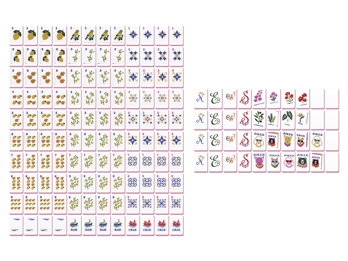 Complete Orchard 160-tile American Mahjong set with citrus, botanical, geometric, flower and animal Joker designs