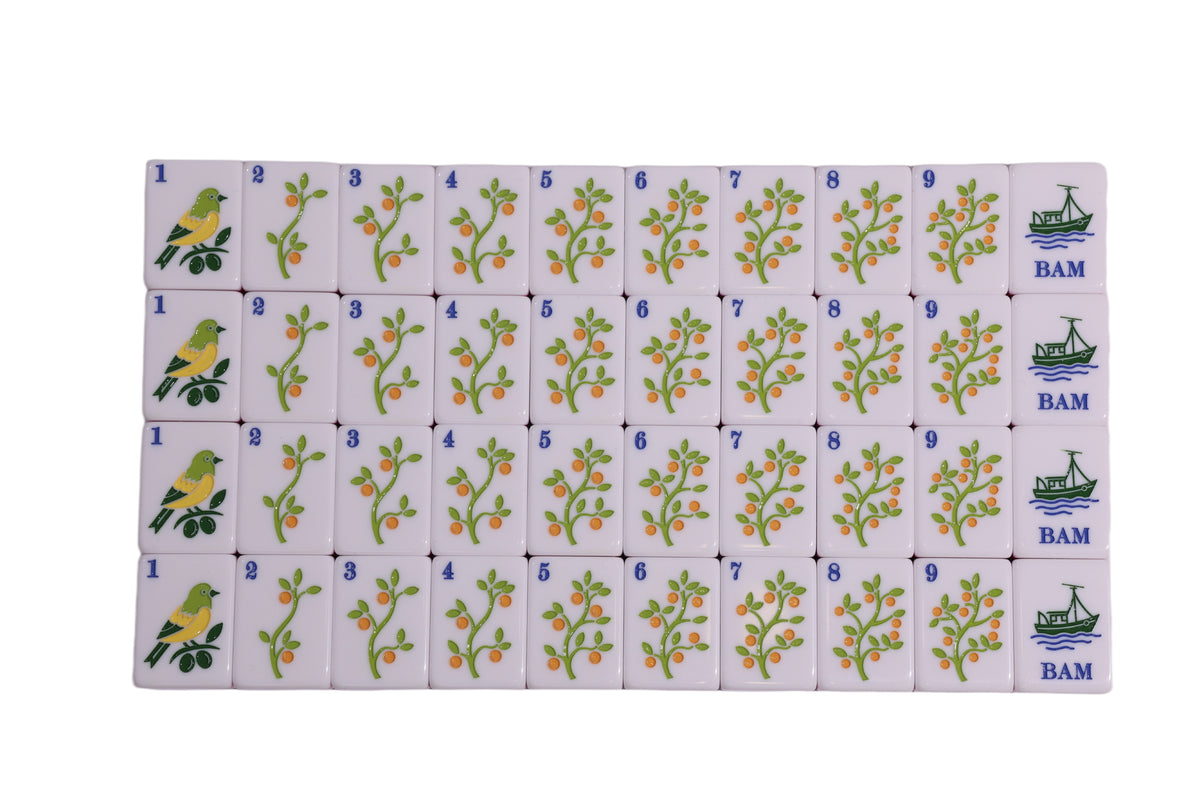 Orchard-themed fabric blanket with numbered blocks and leaf, berry and bird prints