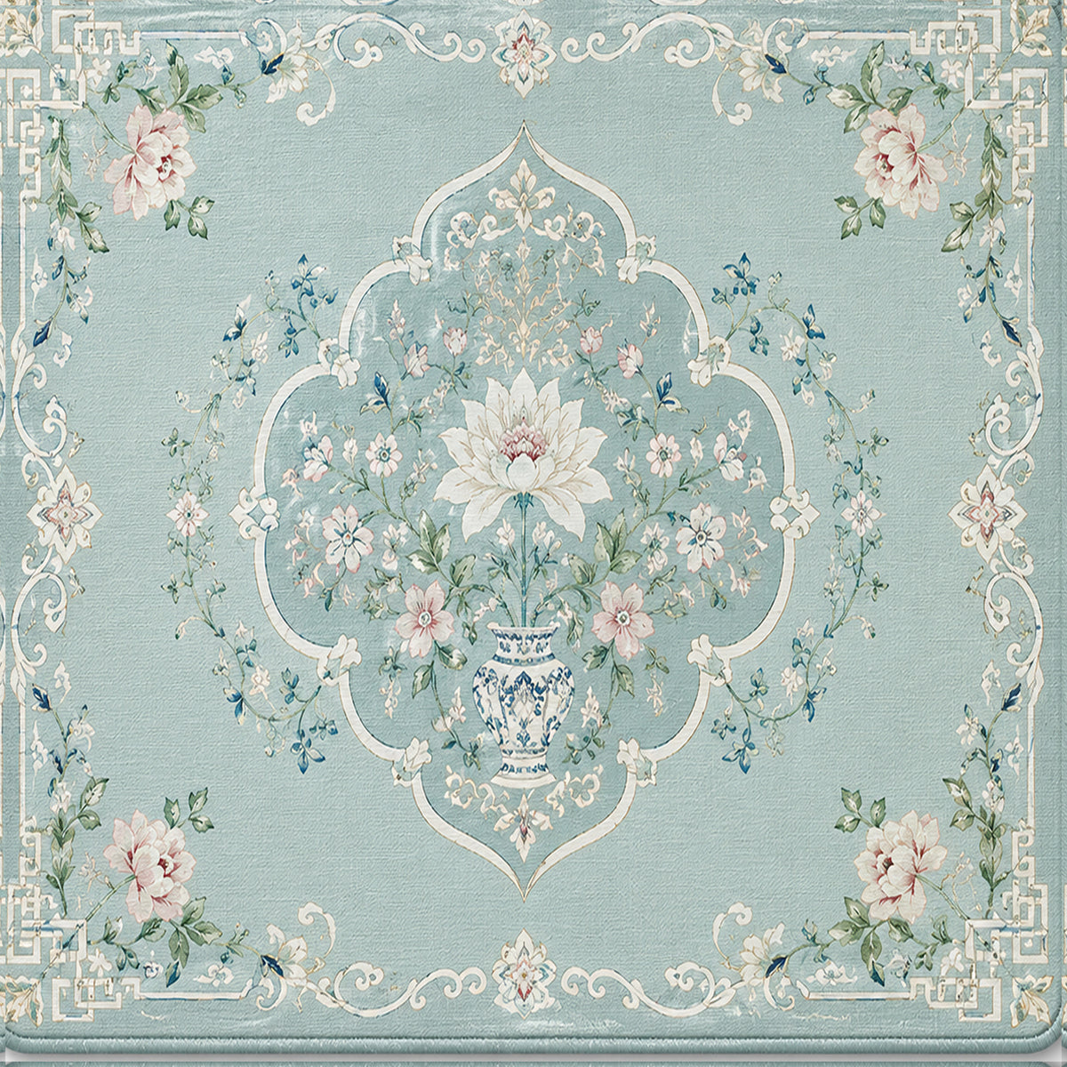 Floral medallion mahjong mat with pale blue background and pastel flower border design