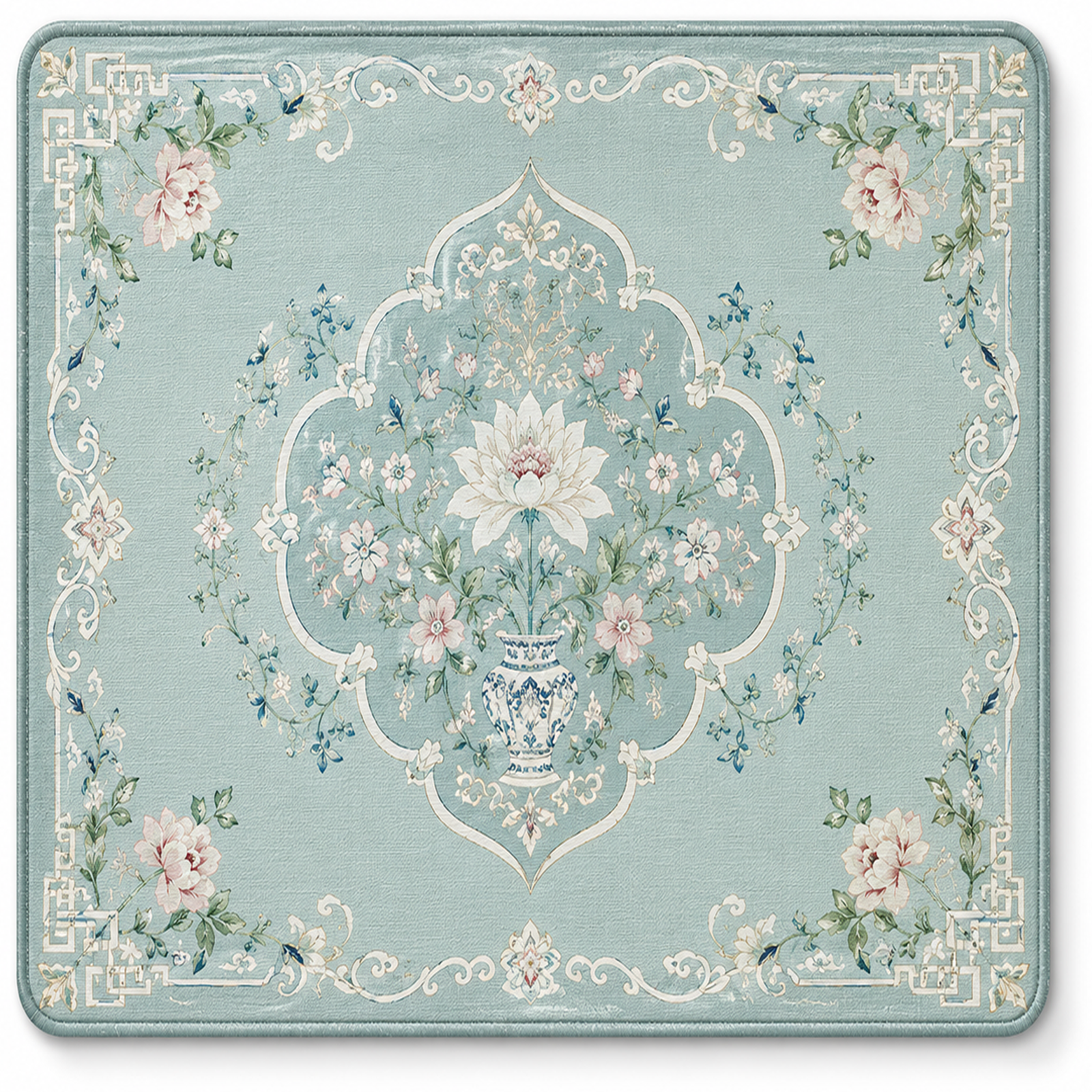 Aqua floral medallion ready-made mahjong mat with ornate border and center floral print