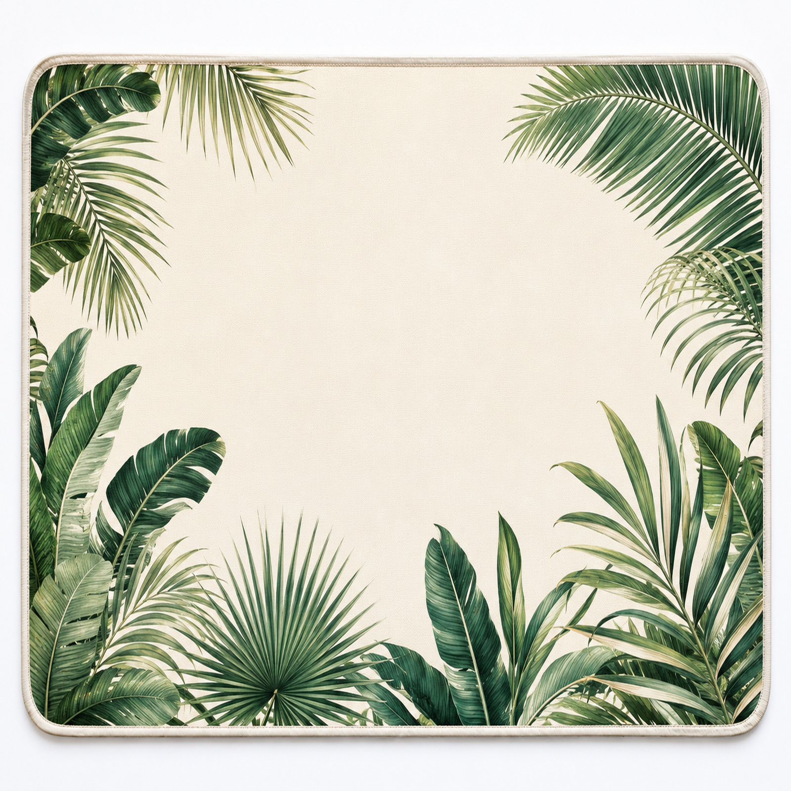 Ivory palm leaf mahjong mat with rounded edges and green leaf border