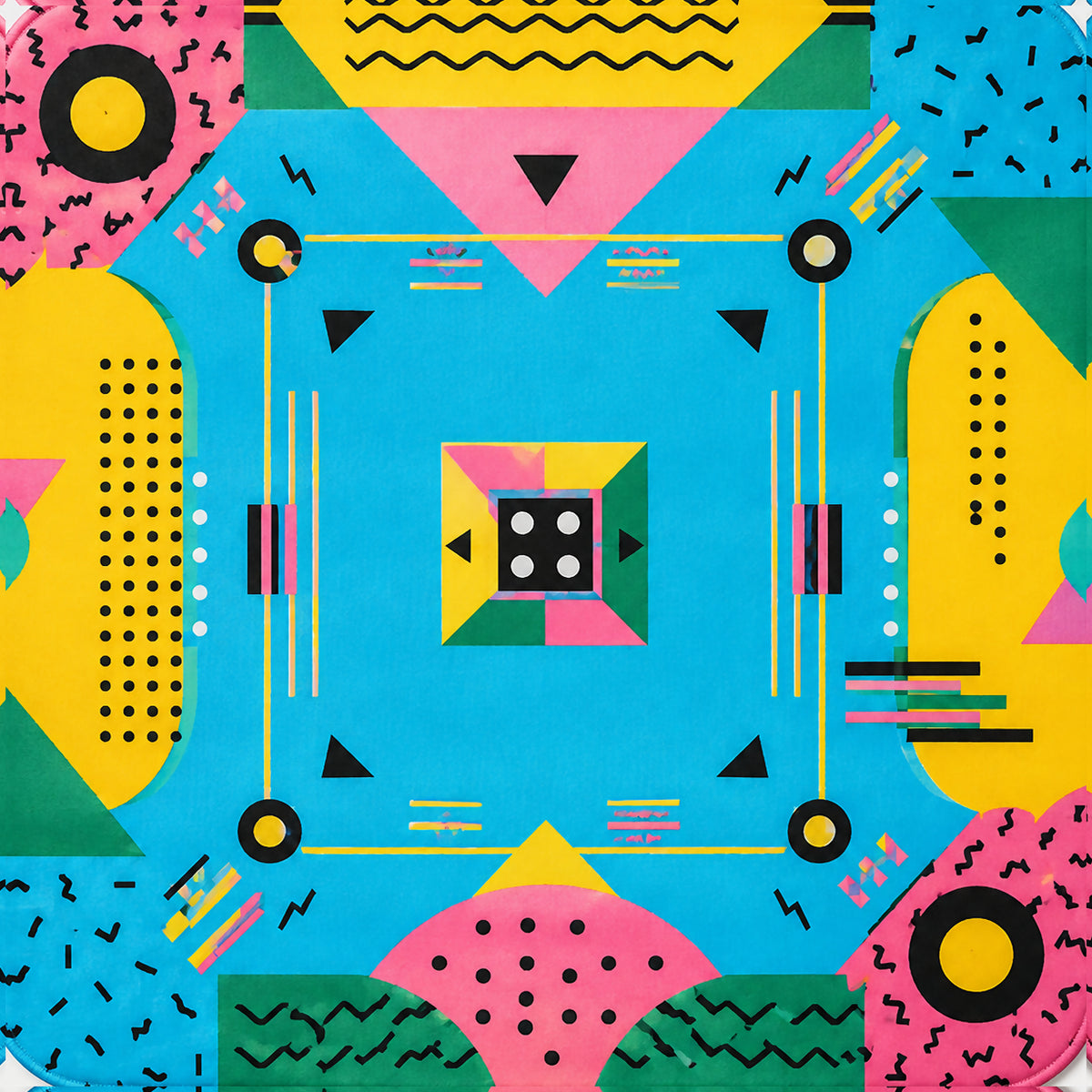 Turquoise geometric grid mahjong mat with Memphis-style abstract shapes