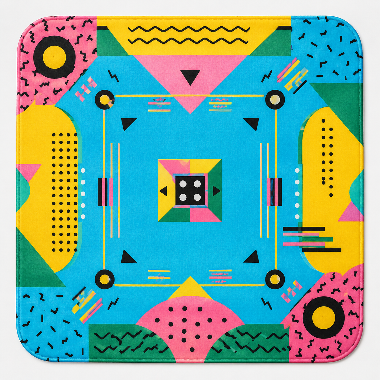 Geometric Mahjong mat with colorful Memphis grid, turquoise center, rounded corners