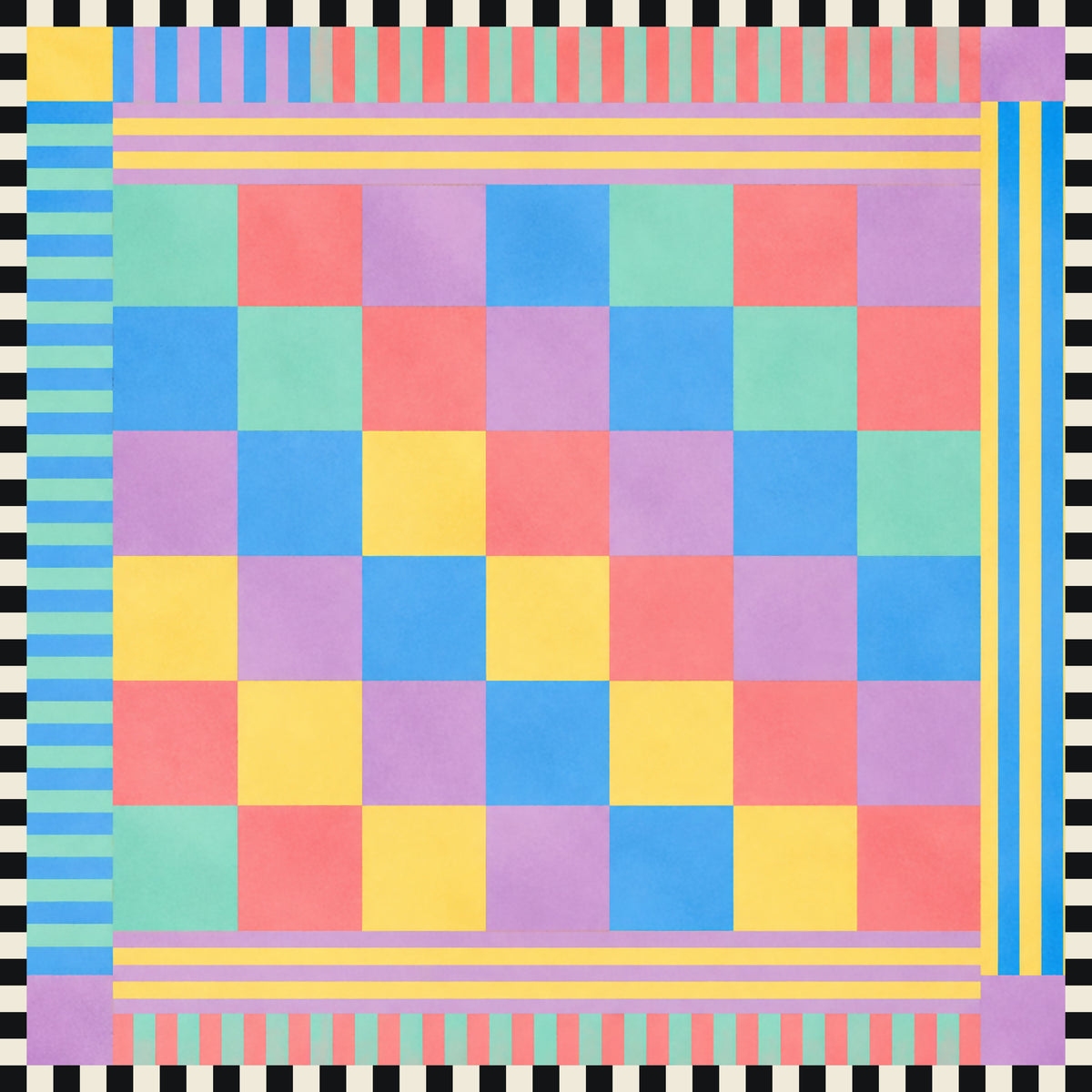 Pastel checker mahjong mat with multicolor striped border and corner stripes