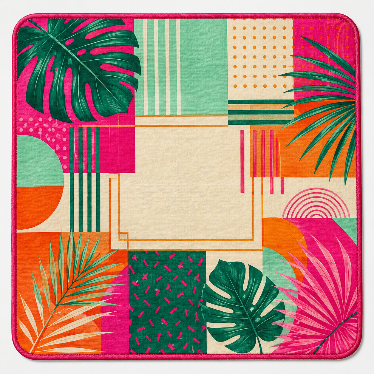 Ready-made mahjong mat with pink border and tropical palm leaf print in multicolor
