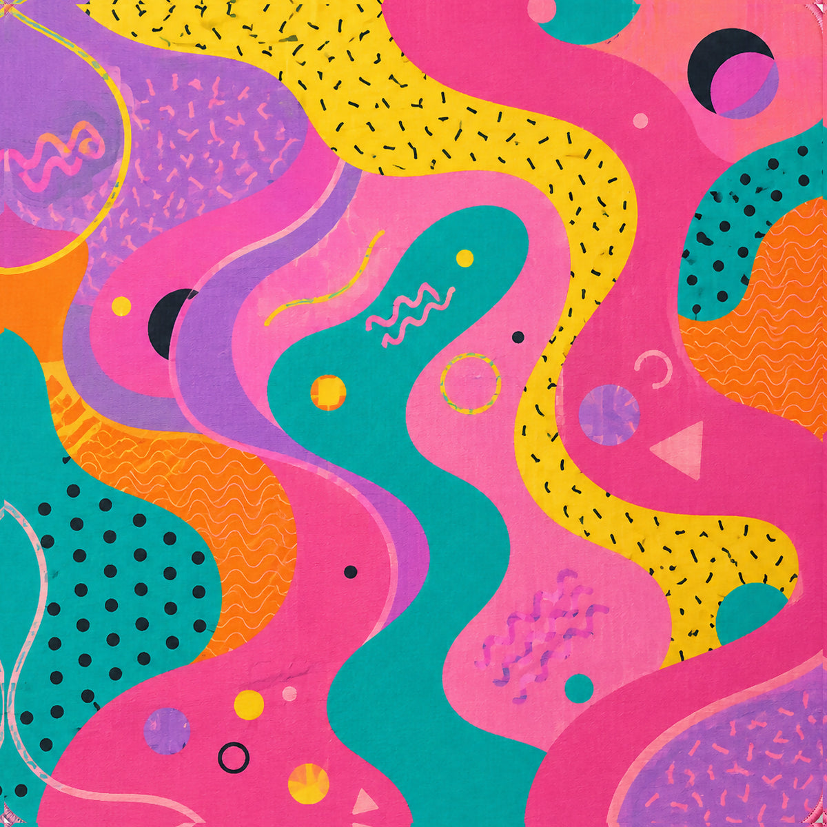 Ready-made mahjong mat with vibrant pink, teal, yellow, and purple squiggle pattern