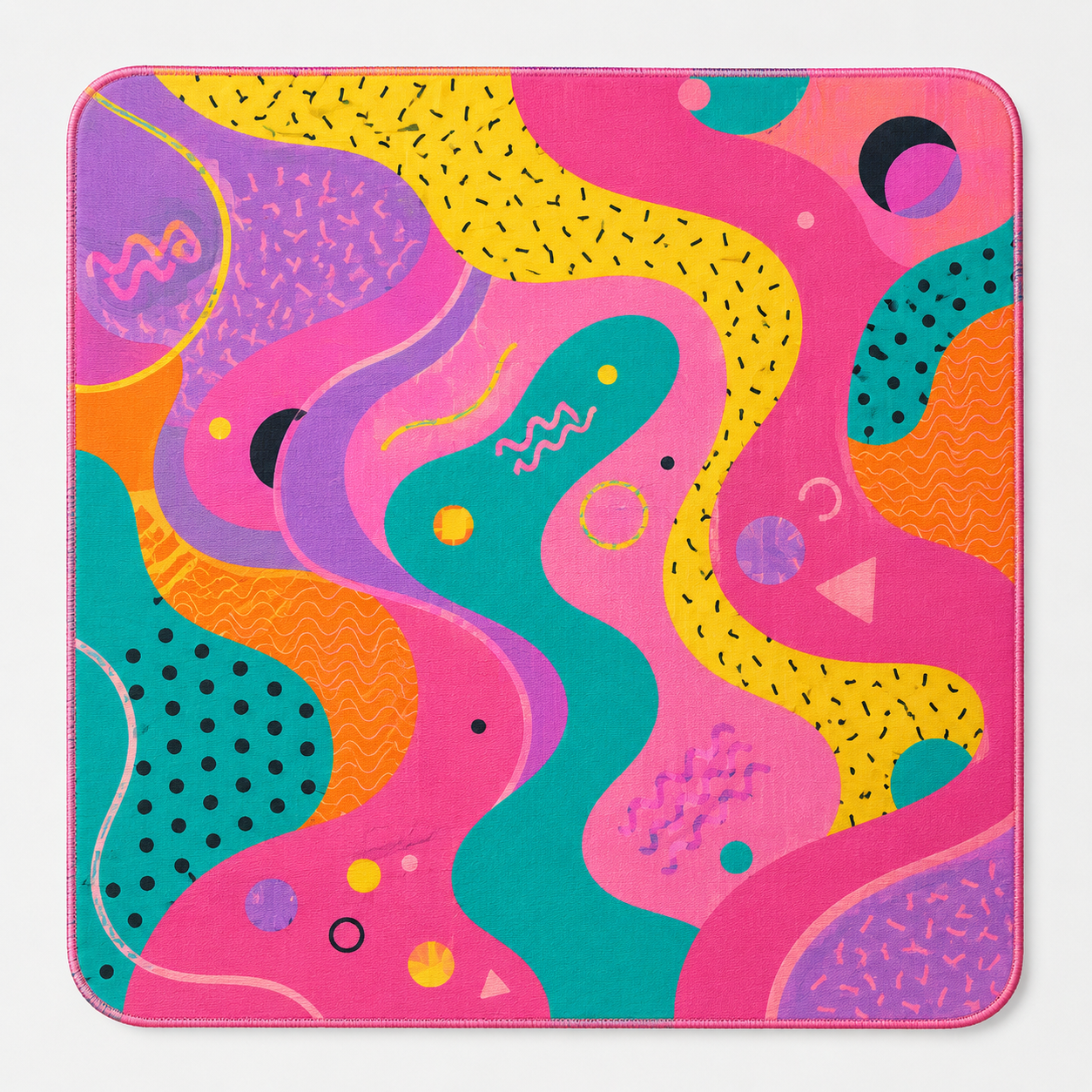 Colorful squiggles mahjong mat with pink, teal, yellow, and orange abstract pattern