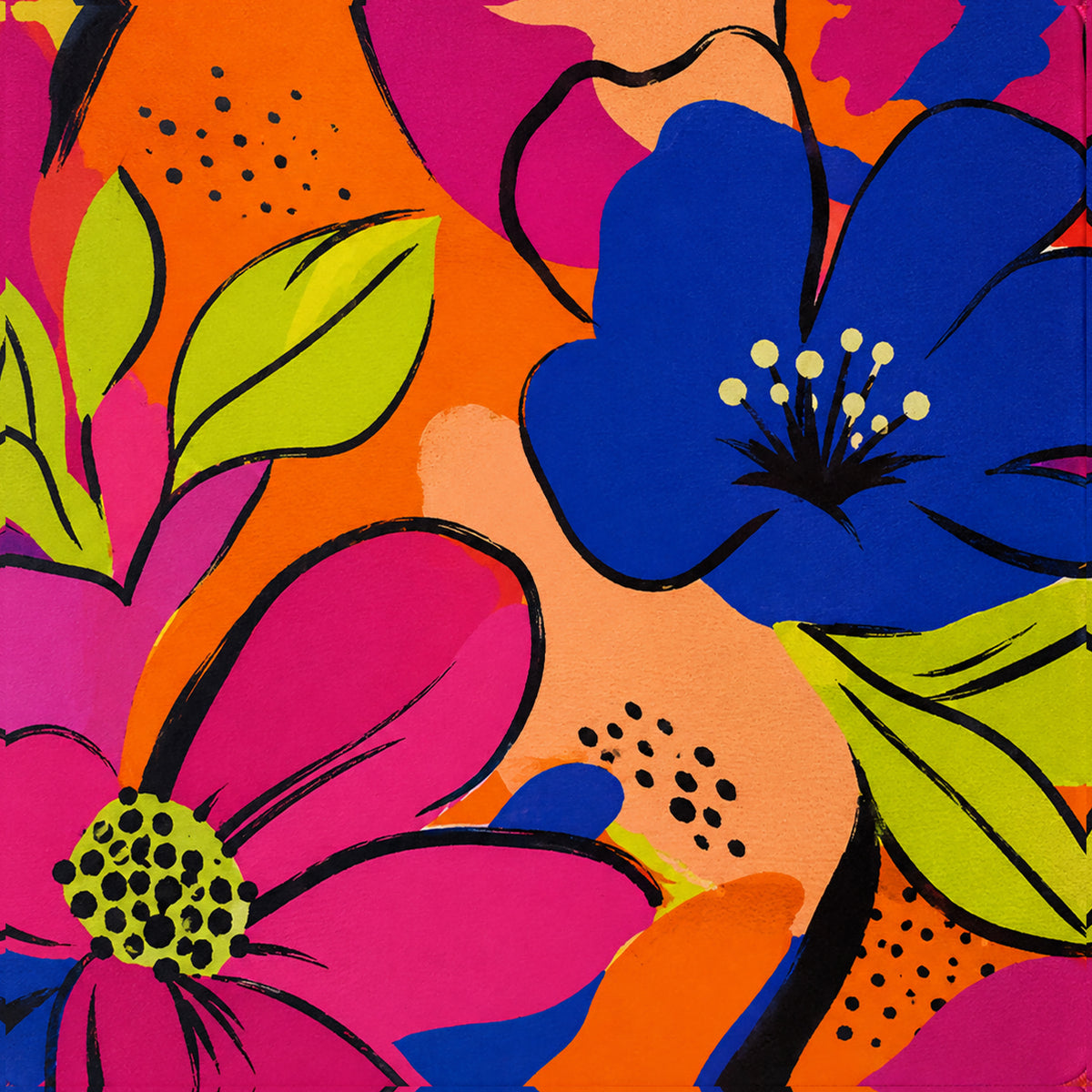Oversized neon floral mahjong mat with bold multicolor flower pattern