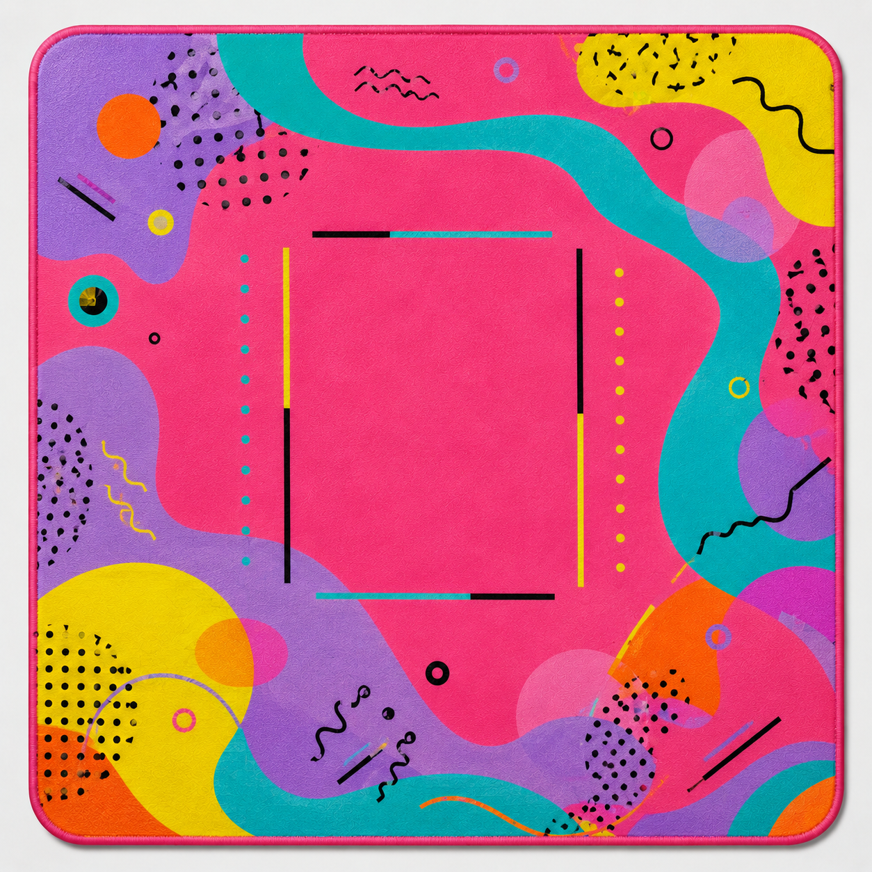 Square ready-made mahjong mat with bold abstract squiggle pattern in pink, purple, teal, and yellow