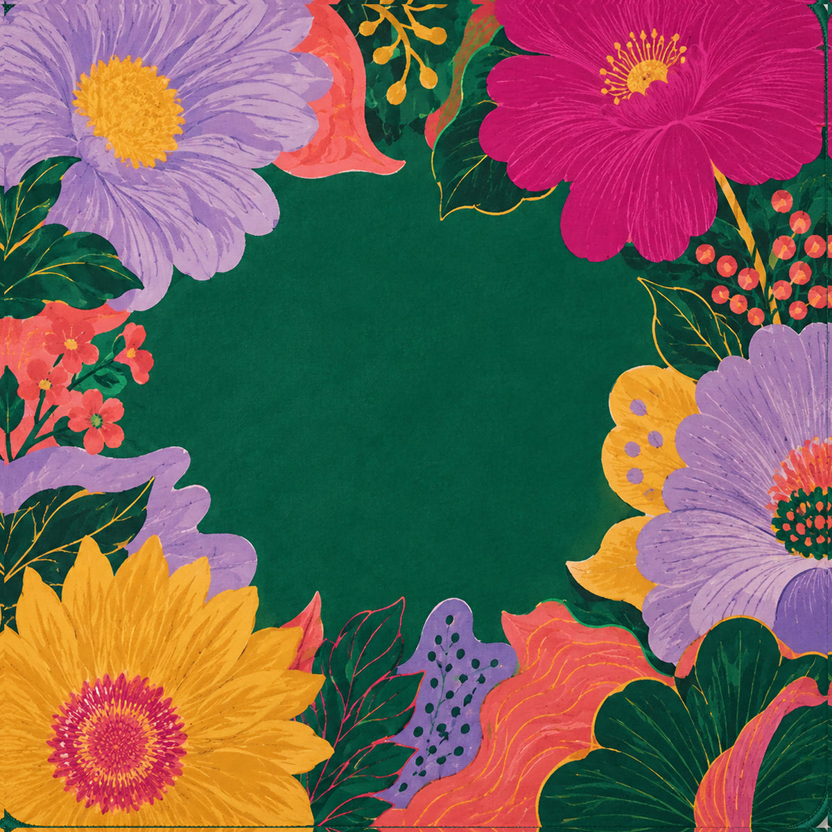 Square mahjong mat with dark green center and colorful daisy flower border