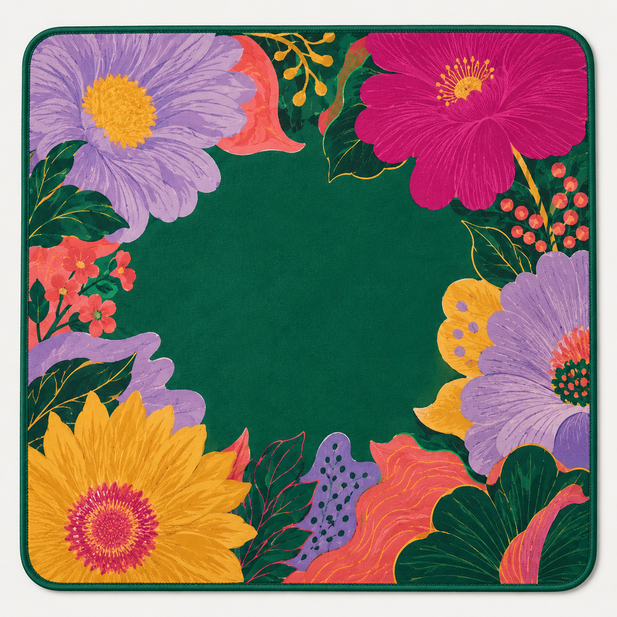 Green rectangular mahjong mat with multicolor daisy floral border and rounded corners