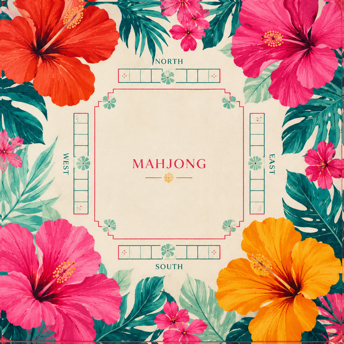 Hibiscus mahjong ready-made mat with colorful floral grid and central Mahjong board
