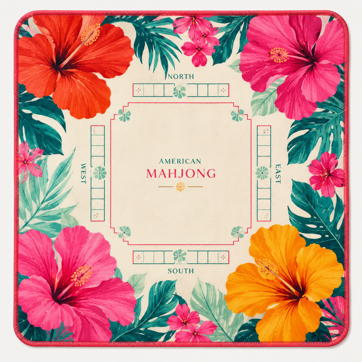 Floral hibiscus mahjong ready-made mat with grid layout, pink and orange flower border