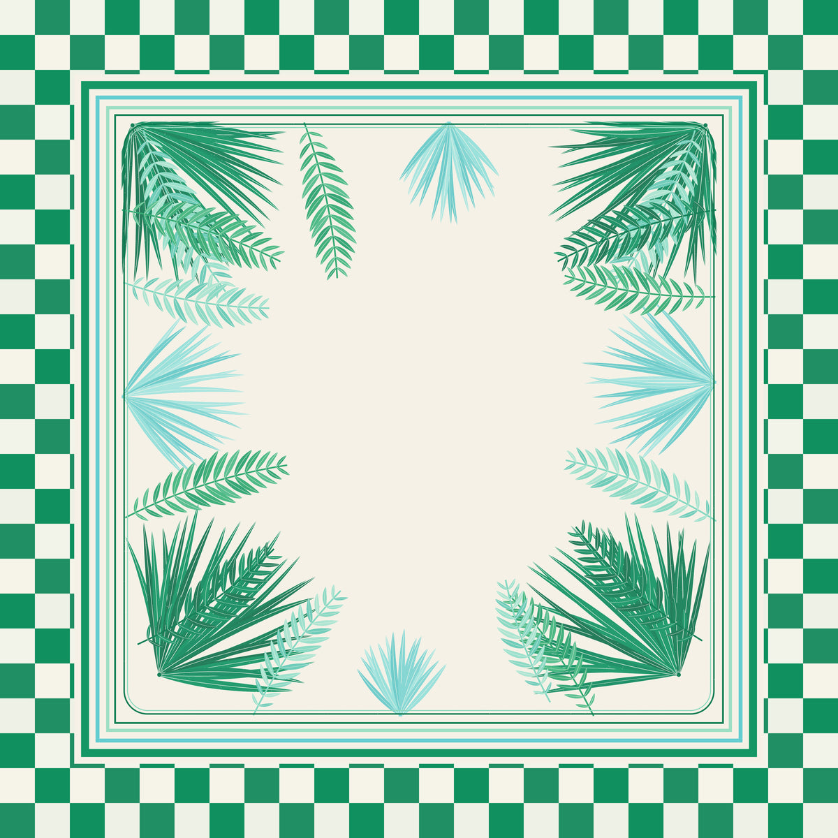 Green checker palm print mahjong mat with bordered rectangle design
